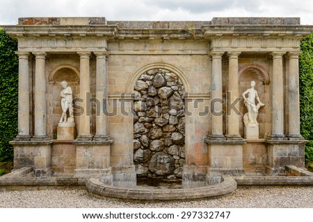 Stone water fountain at Drummond Castle and Gardens near Crieff in Perthshire, Scotland.