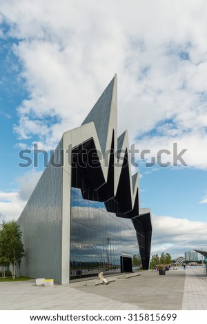 GLASGOW, SCOTLAND - SEPTEMBER 03 2015: The Riverside Museum Glasgow, Scotland. The museum has some of the world\'s finest cars, bicycles, ship models and locomotives formerly in the Transport Museum.