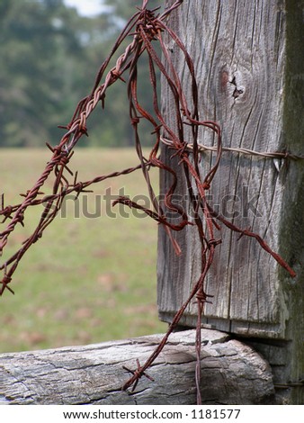 Fence Post with Barbed Wire Keywords: barb, bared, wire, fence, post, farm, ranch, rural, country