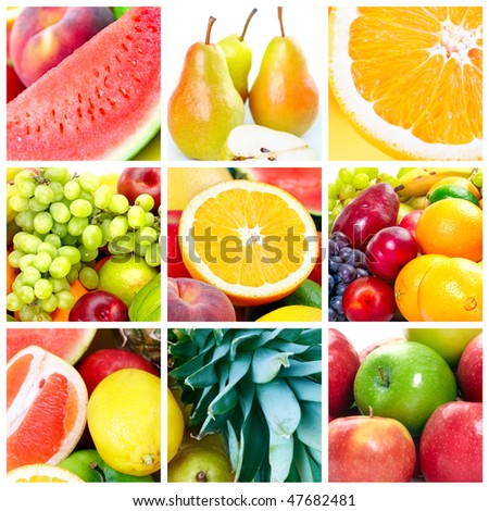 Fresh fruits: banana, orange, apple, grape, peach, lemon, lime, strawberry, kiwi