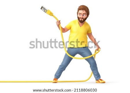 Casual dressed man holding network cable. Isolated on white background. 3D Rendering Imagine de stoc © 