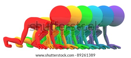 Colorful people lined up for race. Isolated on white background
