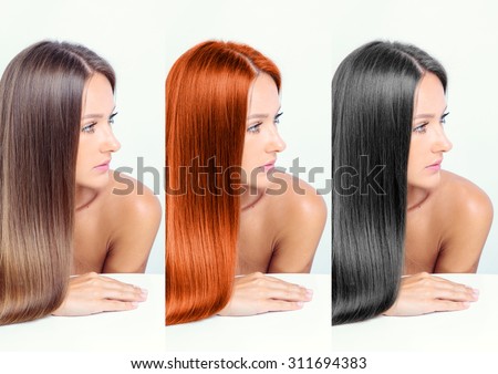 collage of a beautiful young woman , with long natural straight hair , mixed color , concept hairstyle