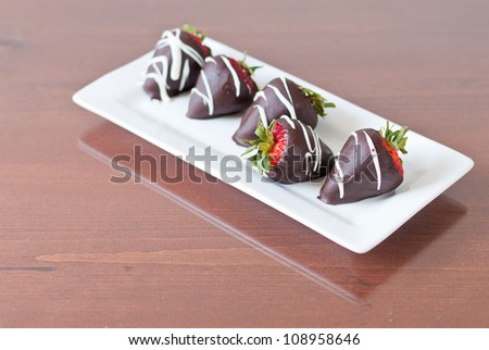 Row of five chocolate covered strawberries focus on the one facing the other way with a shallow depth of field