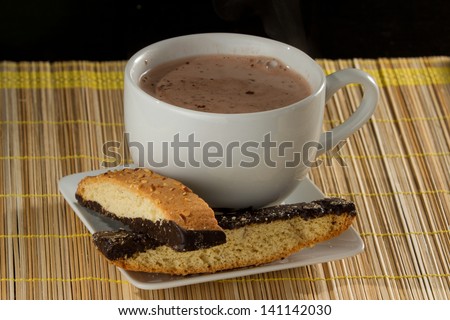 mug of hot chocolate served with chocolate dipped biscotti