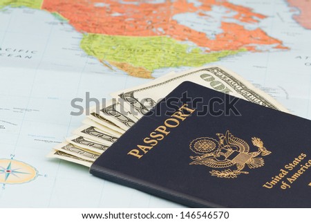 American passport with  american currency and a map as a background
