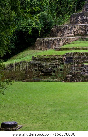 Jaguar Temple in Lamanai Belize early november with some rain