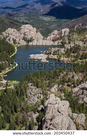 Aerial view of sylvan lake and granite formations in the Black Hills