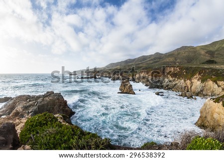 beautiful scene of the California coast with its classic dramatic coastline lined with rocks and cliffs and spring green plants in the foreground