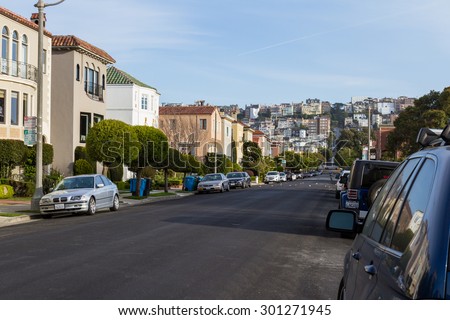 San Francisco, California - May 11 : hillside full of homes with a unique style in the residential area, May 11 2015 San Francisco, California.