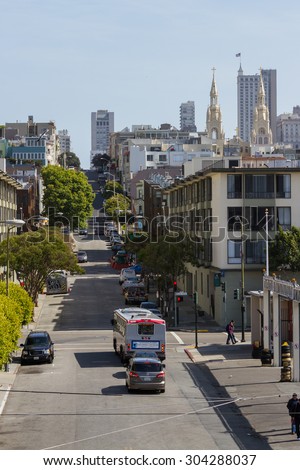 San Francisco, California - May 11 : View of the city from a walk bridge, looking at the streets and buildings, May 11 2015 San Francisco, California.