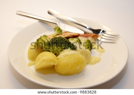Delicious looking meal with potatoes, broccoli, chicken,and lemon sauce