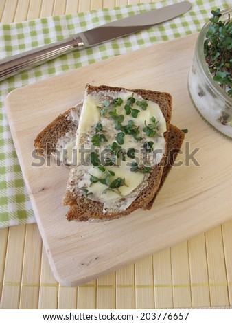Bread with butter and broccoli sprouts