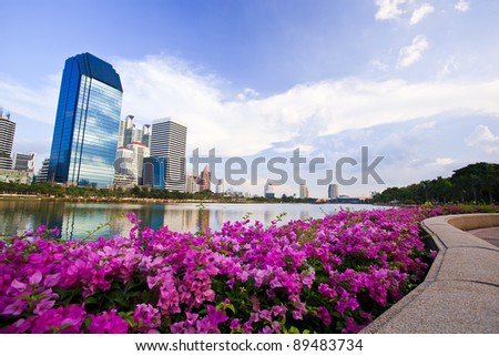 flower and waterfront of building landscape as background