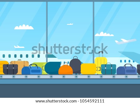 Airport luggage conveyor belt clipart image. Baggage claim. Planes outside the window