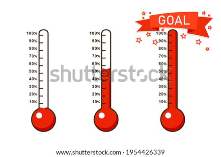 Goal thermometer icon set. Clipart image isolated on white background. Empty, half, full percentage thermometers.