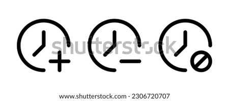 Clock with plus minus and forbidden sign line icon. Clipart image isolated on white background