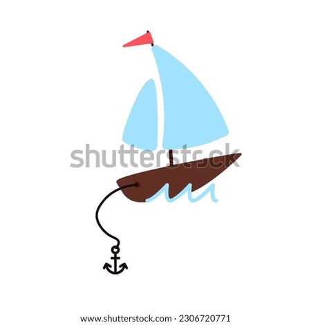 Sailboat with anchor on waves cartoon icon. Clipart image isolated on white background