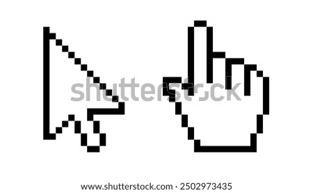 Pixel mouse cursor and hand pointer icon set. Clipart image isolated on white background