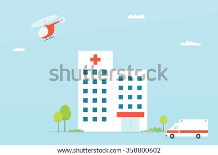 Flat Hospital building with ambulance and helicopter. Clipart image