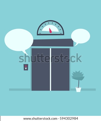 Speech bubble near the closed elevator doors. Elevator pitch concept vector image