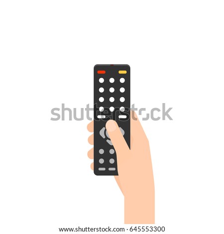 Hand holding remote control. Vector clipart image isolated on white background