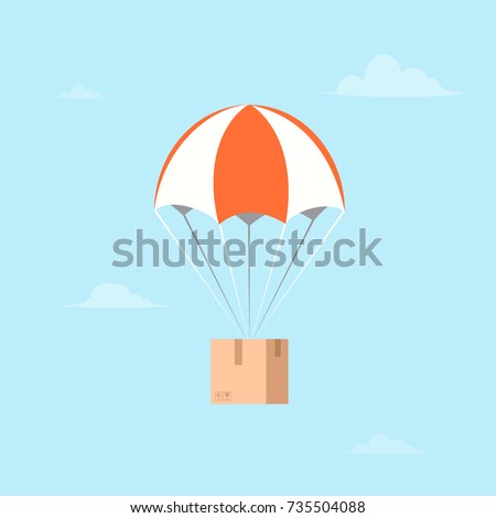 Box flying on parachute. Air shipping. Vector illustration