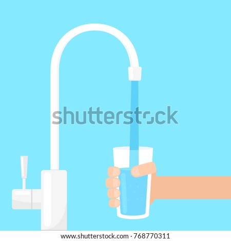 filling glass with water from filter tap. Vector image