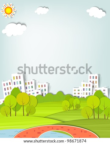 City park landscape. Clipart image. Paper cut art