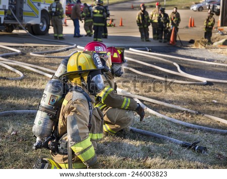 New Baltimore, Virginia, USA-January 17, 2015: Firemen training at the New Baltimore Fire Station in New Baltimore, Virginia.