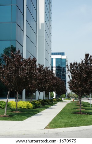 Business office buildings with path and trees