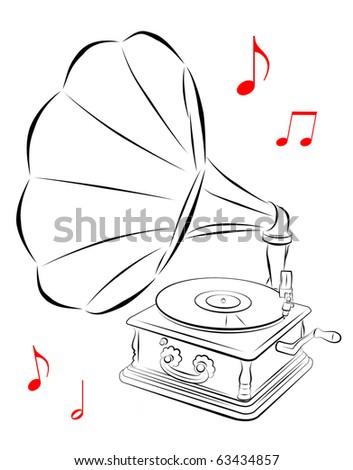 Line Drawing Of Phonograph With Musical Notes. Stock Photo 63434857 ...