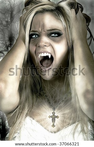 Beautiful female vampire wearing cross