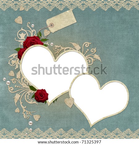 Vintage elegant hearts frame with roses, lace and pearls