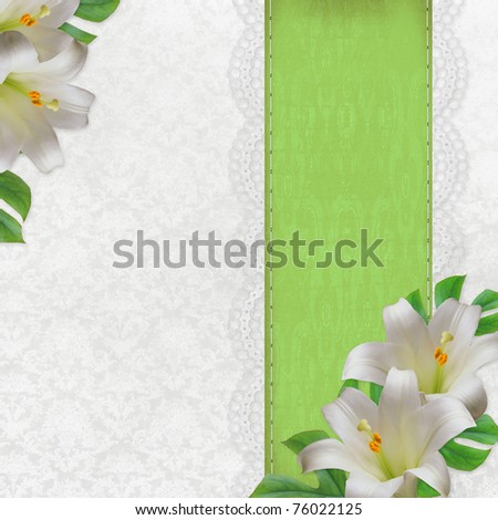 Lilies on white and green vintage  background  ( 1 of set)