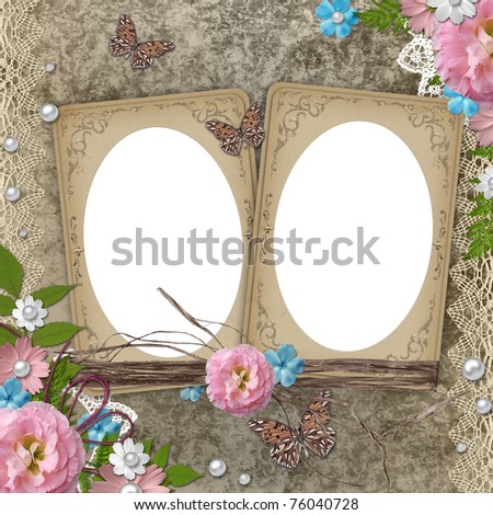 vintage frame with flowers, butterfly  and lace over grunge beige background (1 of set)