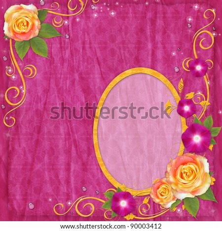Oval yellow frame in scrapbooking style with rose