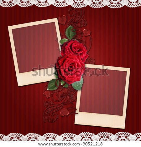 red  stripes background with  elegant frames, roses for  valentine\'s day
