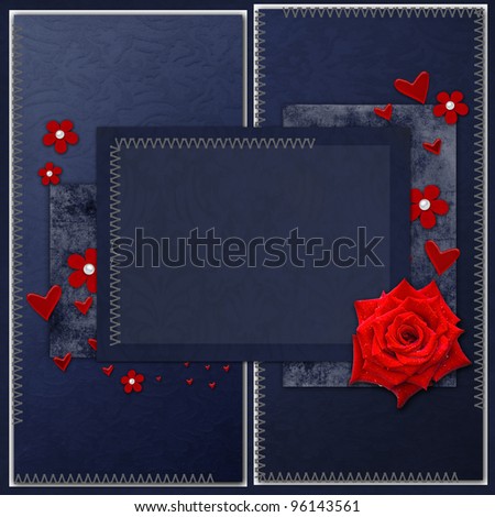 Vintage elegant  blue frame with roses, ribbon and hearts