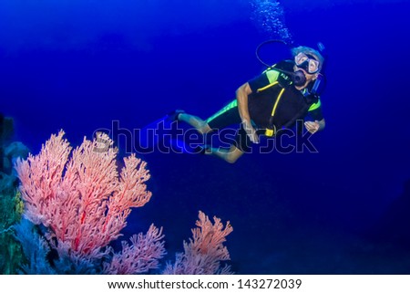 KHAO LAK, THAILAND - NOVEMBER 24: Senior woman scuba diving underwater on a dive site in Similan Islands on November 24, 2009 . Similan Islands are Thailand\'s premier dive destination.