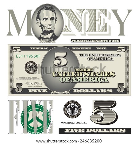 Miscellaneous five dollar bill elements