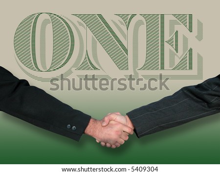 Two business men shake hands with dollar bill art as background