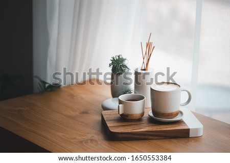 Similar – Image, Stock Photo flower vase and coffee cup on the balcony