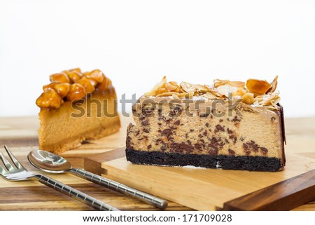 almond sliced chocolate cheesecake and macadamia caramel cheesecake