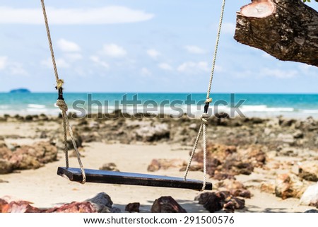 wood swing hanging on tree at sea