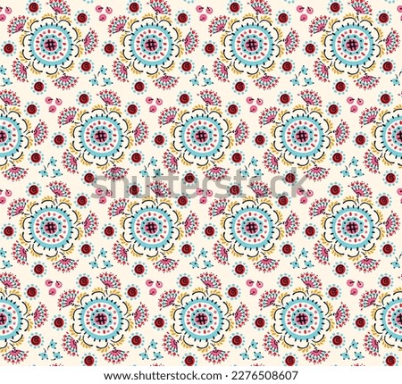 Seamless pattern with fantasy flowers, ethnic rotary repeat fabric and tile design, natural wallpaper, floral decoration curl illustration. Paisley print hand drawn elements.Ukrainian pattern