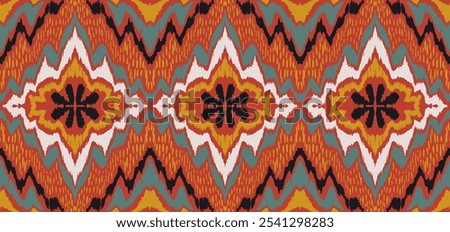 Geometric folk ornament ikat. Tribal ethnic vector textures. Seamless pattern in Aztec style. Folk embroidery. Indian, Scandinavian, Gypsy, Mexican rug. African carpet. Hand drawn, not AI