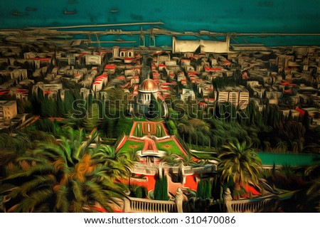 View of Haifa from the Bahai garden drawing filter