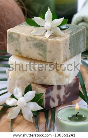 Spa set - assorted handmade organic soap and fresh Gardenia flowers. Best suited for relaxing and health commercials