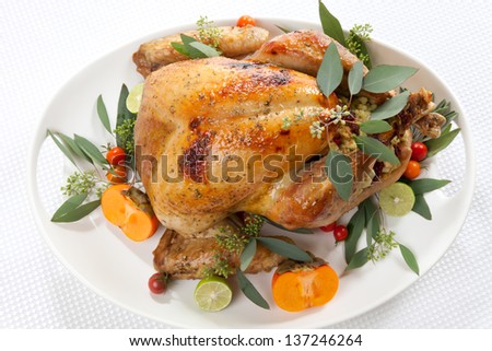 Garnished roasted turkey with tropical fruits over white background